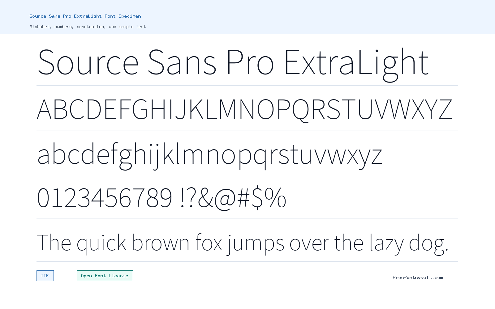Source Sans Pro ExtraLight font specimen showing alphabet, numbers, and sample text