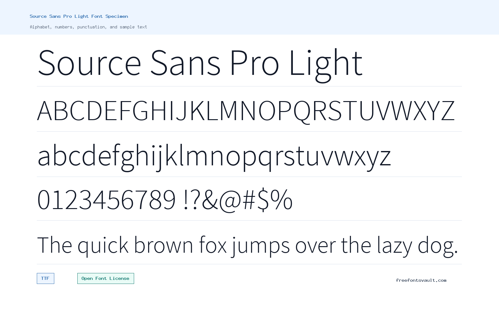 Source Sans Pro Light font specimen showing alphabet, numbers, and sample text