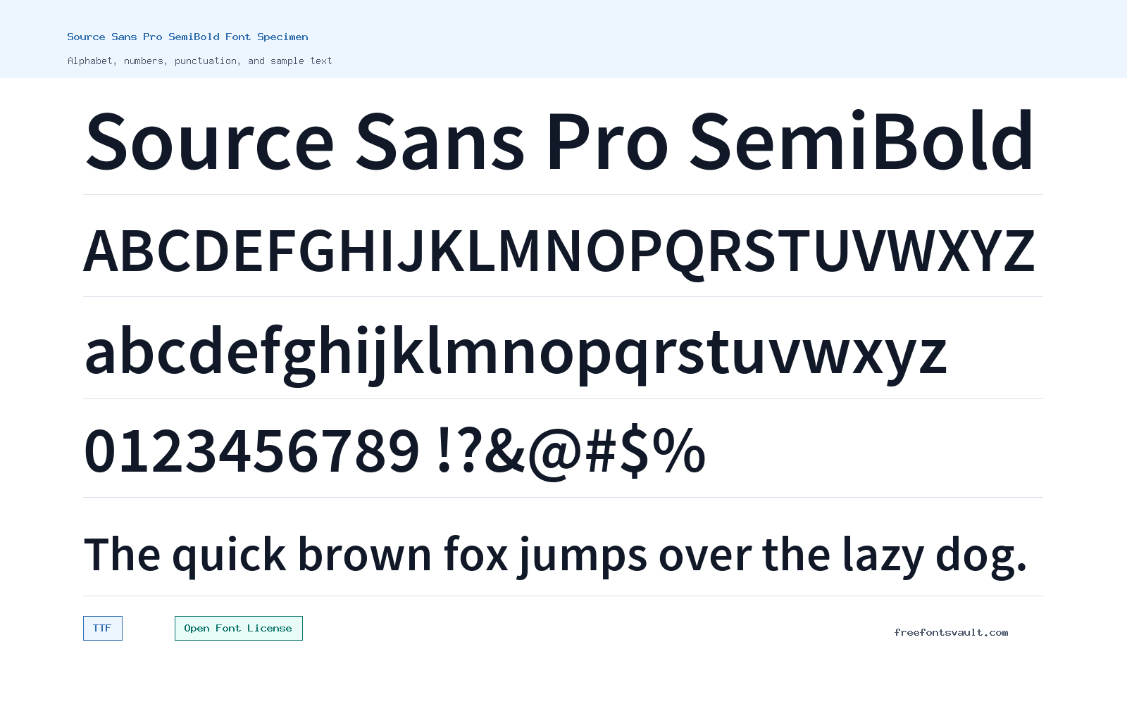 Source Sans Pro SemiBold font specimen showing alphabet, numbers, and sample text
