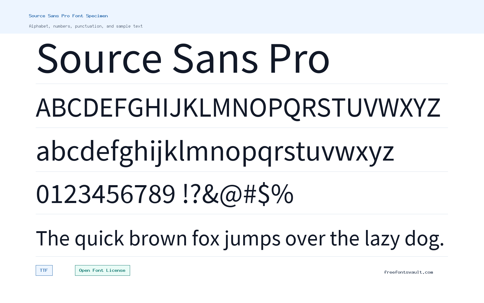 Source Sans Pro font specimen showing alphabet, numbers, and sample text