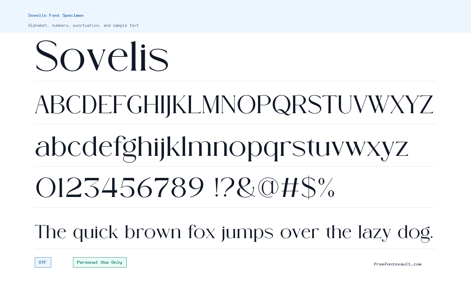 Sovelis font specimen showing alphabet, numbers, and sample text