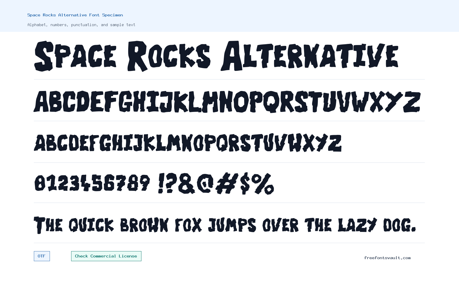 Space Rocks Alternative font specimen showing alphabet, numbers, and sample text