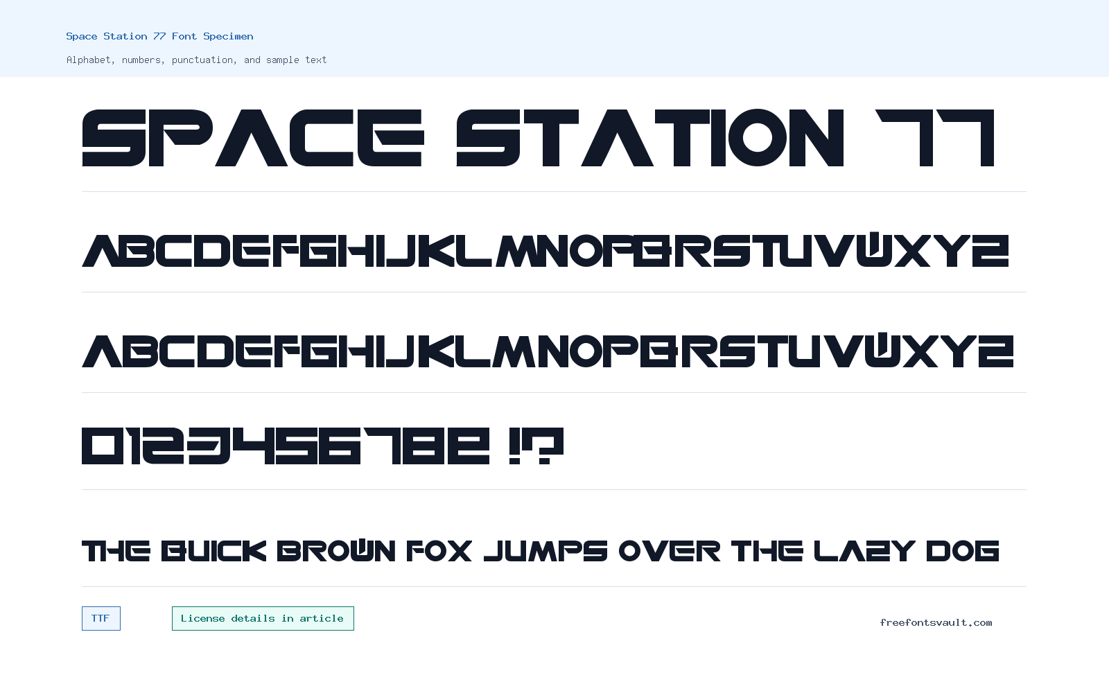 Space Station 77 font specimen showing alphabet, numbers, and sample text