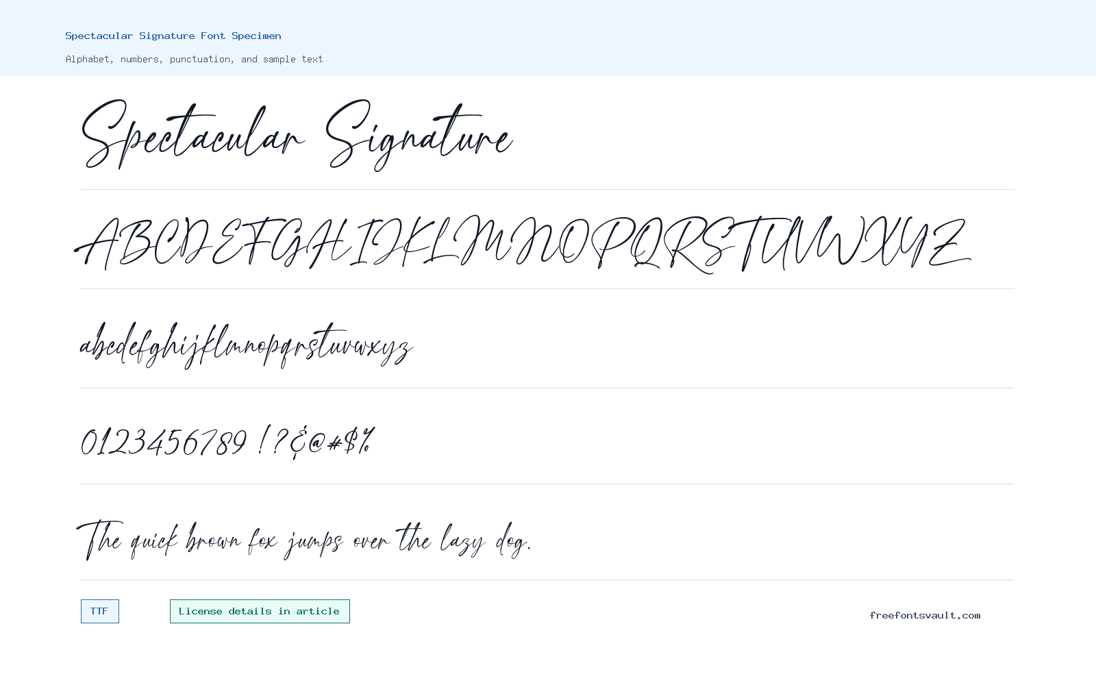 Spectacular Signature font specimen showing alphabet, numbers, and sample text