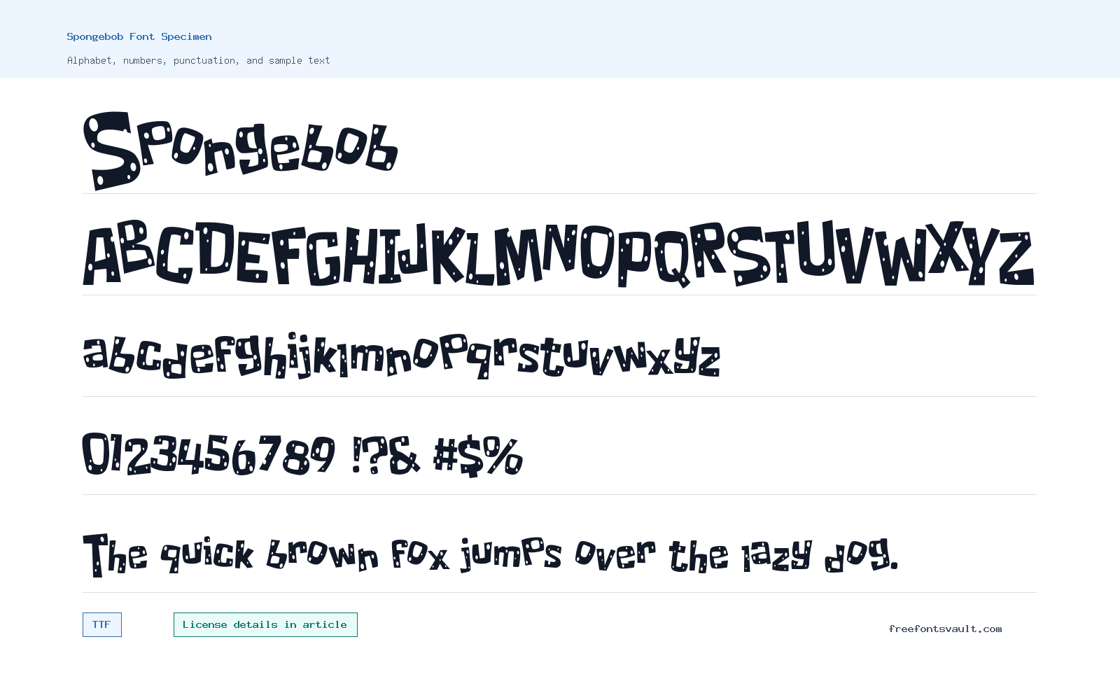 Spongebob font specimen showing alphabet, numbers, and sample text