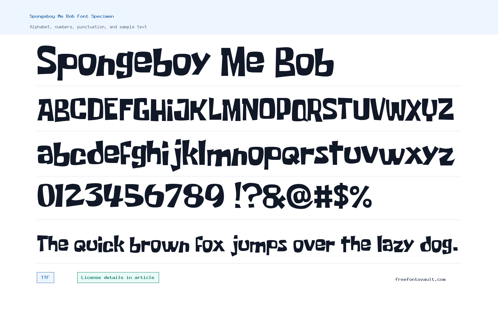 Spongeboy Me Bob font specimen showing alphabet, numbers, and sample text