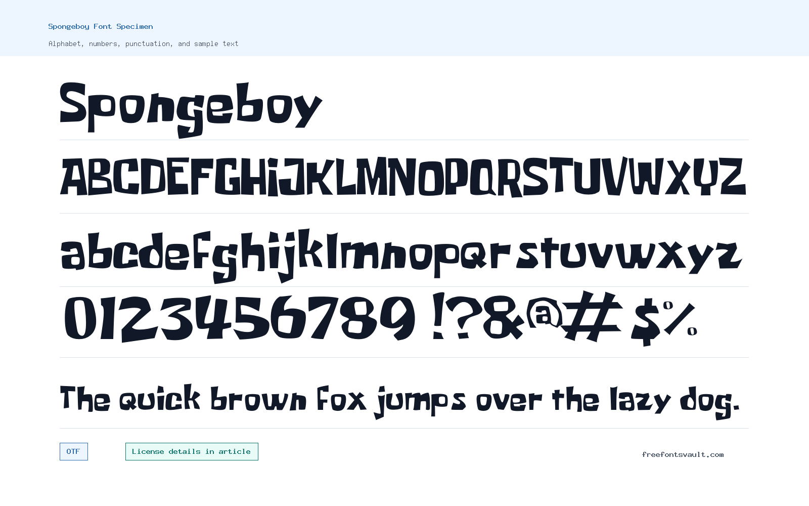 Spongeboy font specimen showing alphabet, numbers, and sample text