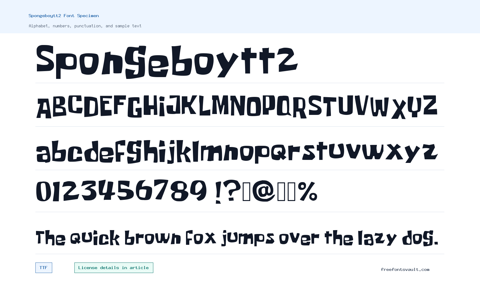 Spongeboytt2 font specimen showing alphabet, numbers, and sample text