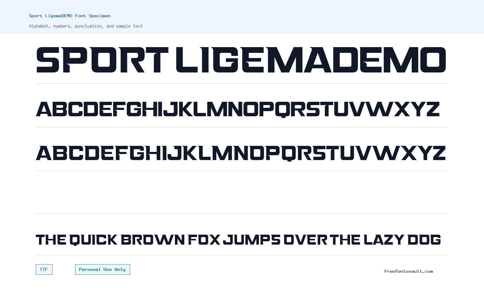 Sport LigemaDEMO font specimen showing alphabet, numbers, and sample text
