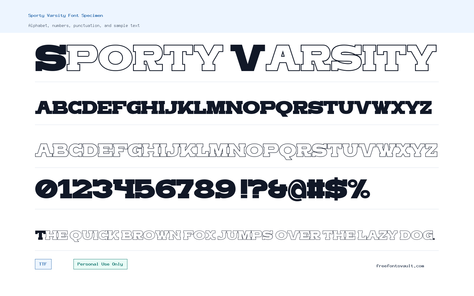 Sporty Varsity font specimen showing alphabet, numbers, and sample text
