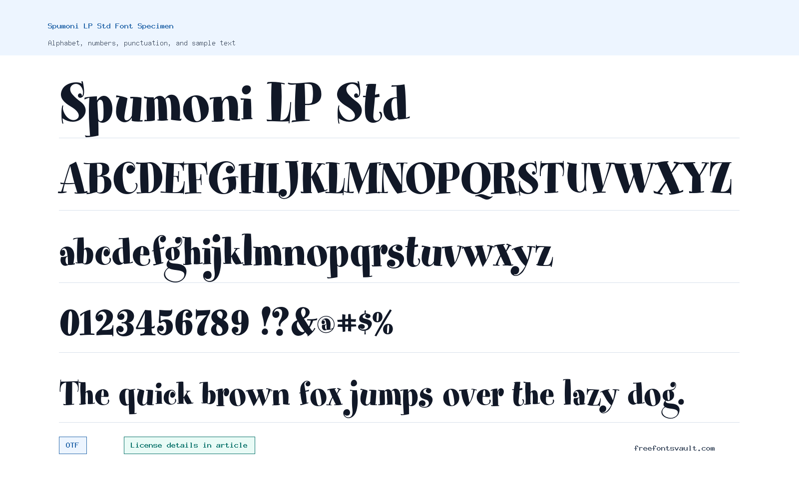 Spumoni LP Std font specimen showing alphabet, numbers, and sample text