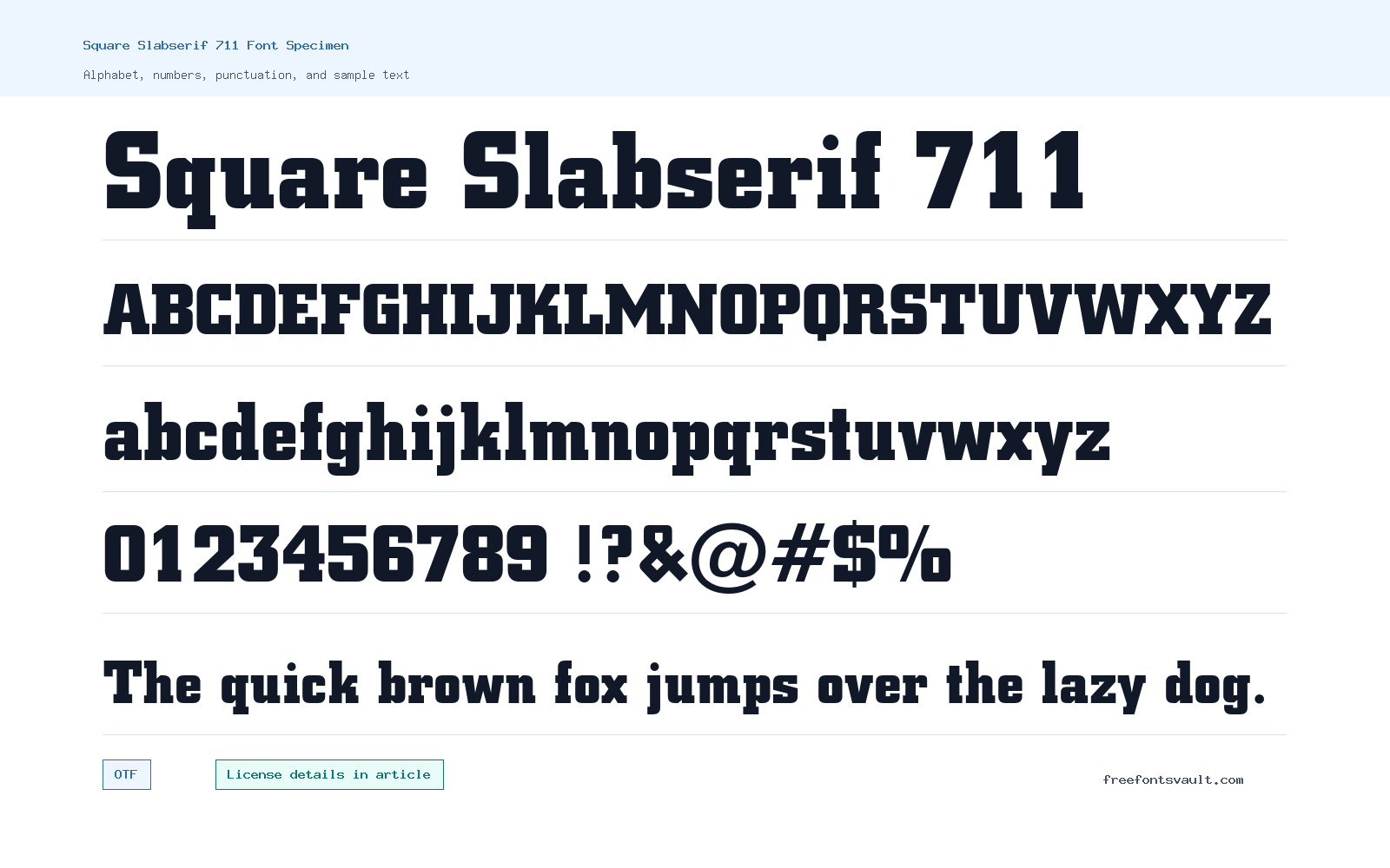 Square Slabserif 711 font specimen showing alphabet, numbers, and sample text