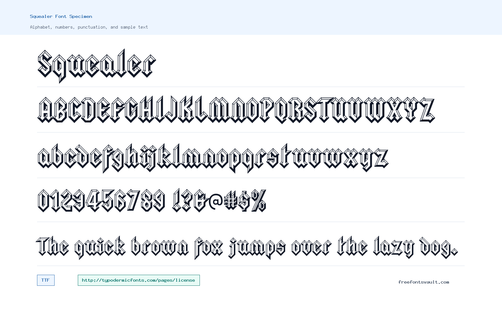 Squealer font specimen showing alphabet, numbers, and sample text