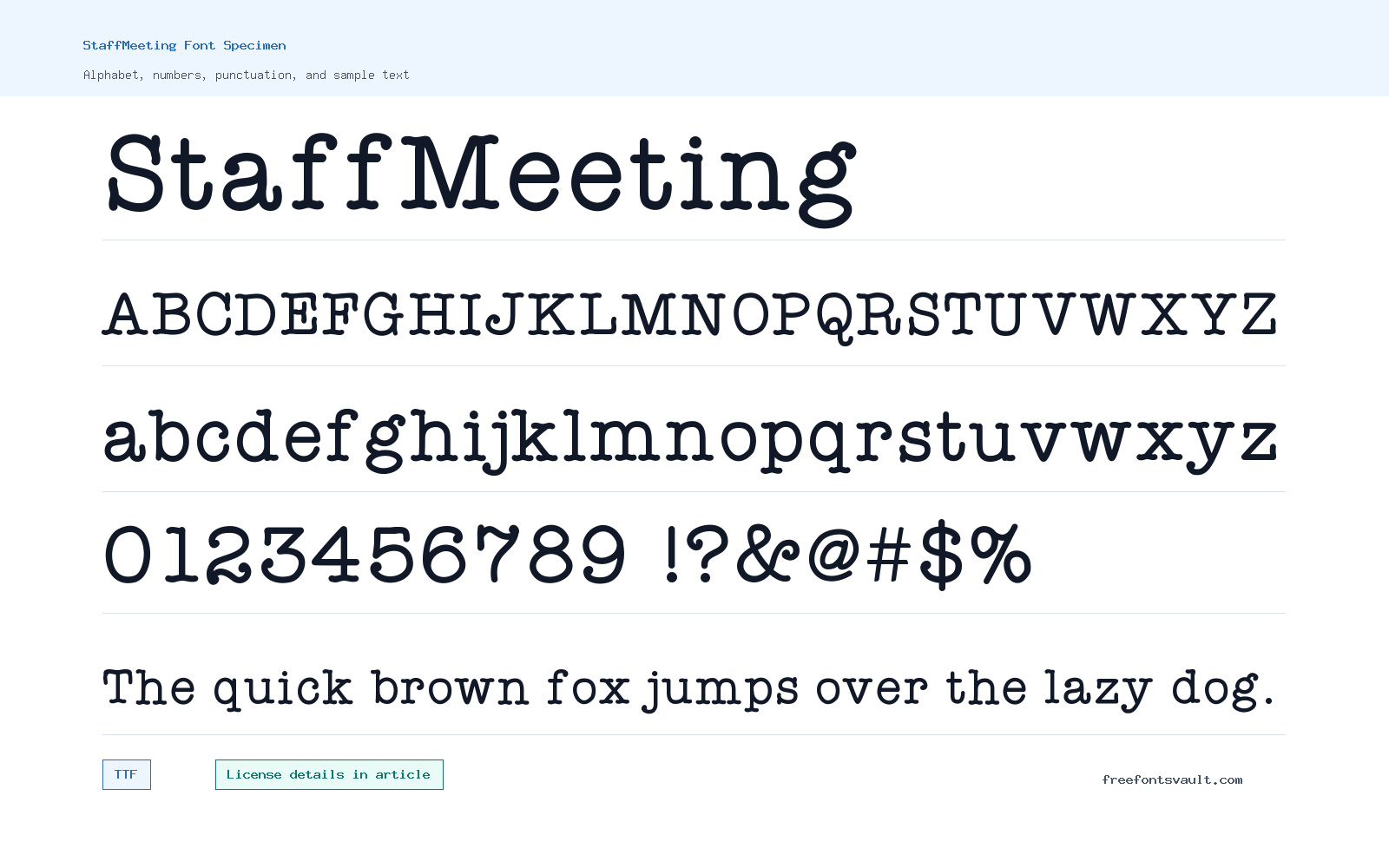 StaffMeeting font specimen showing alphabet, numbers, and sample text