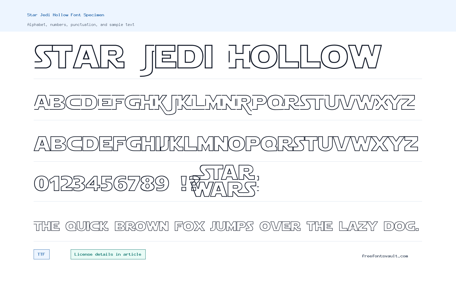 Star Jedi Hollow font specimen showing alphabet, numbers, and sample text