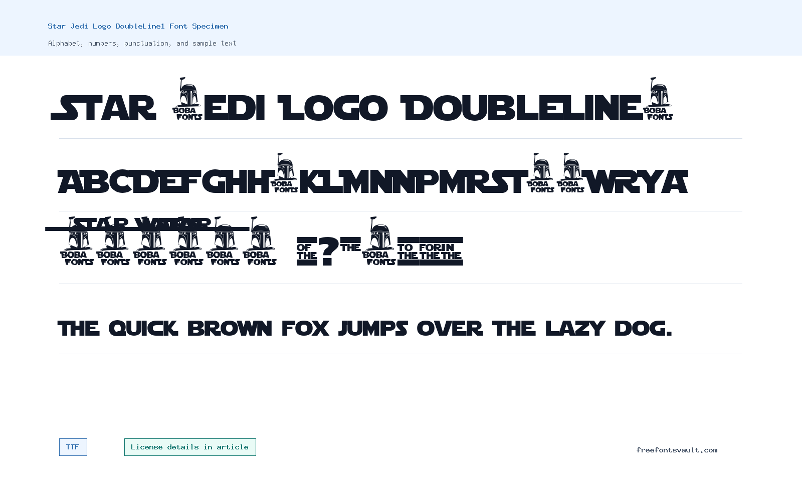 Star Jedi Logo DoubleLine1 font specimen showing alphabet, numbers, and sample text