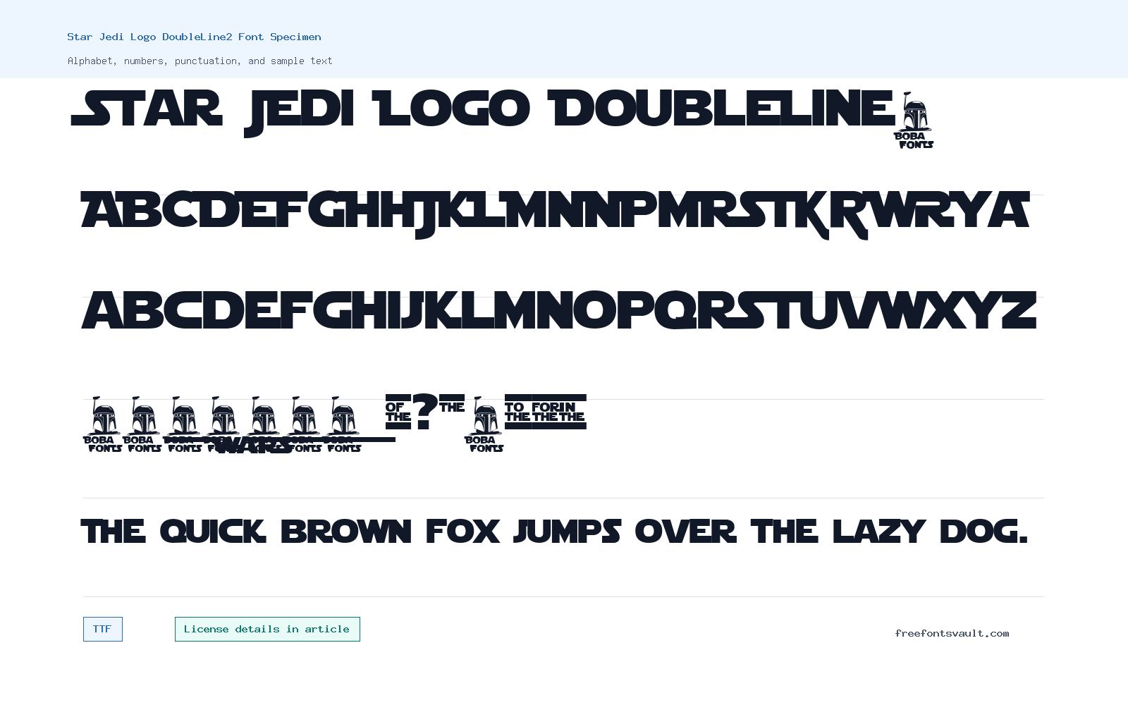Star Jedi Logo DoubleLine2 font specimen showing alphabet, numbers, and sample text