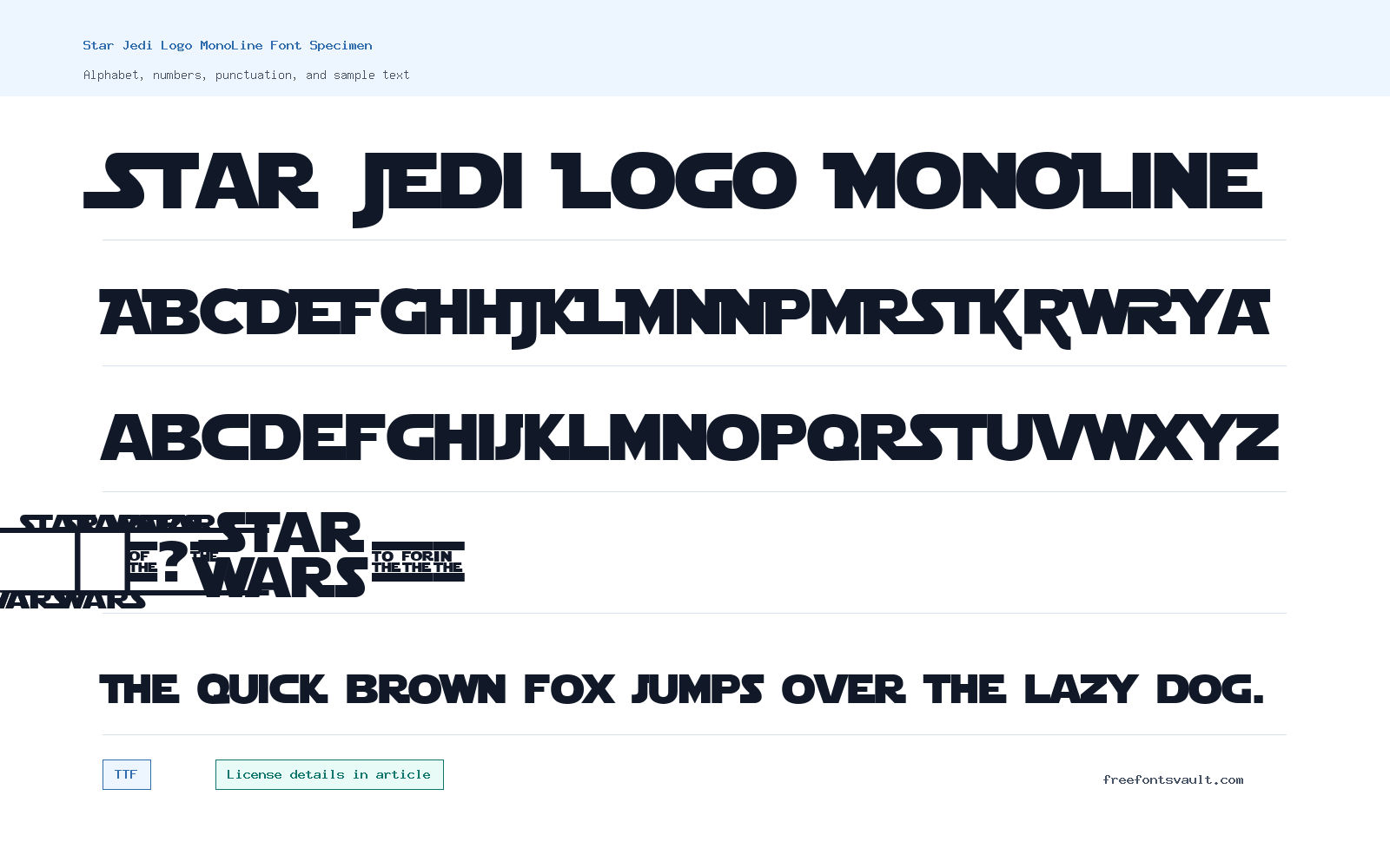 Star Jedi Logo MonoLine font specimen showing alphabet, numbers, and sample text
