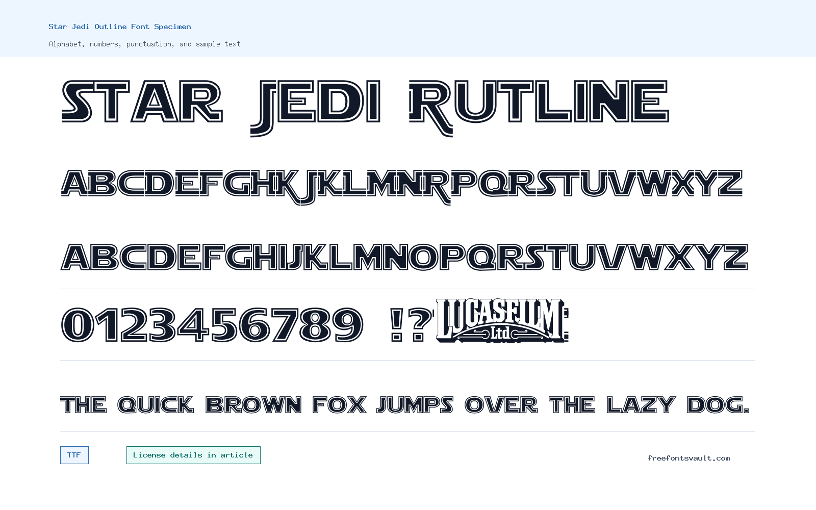 Star Jedi Outline font specimen showing alphabet, numbers, and sample text