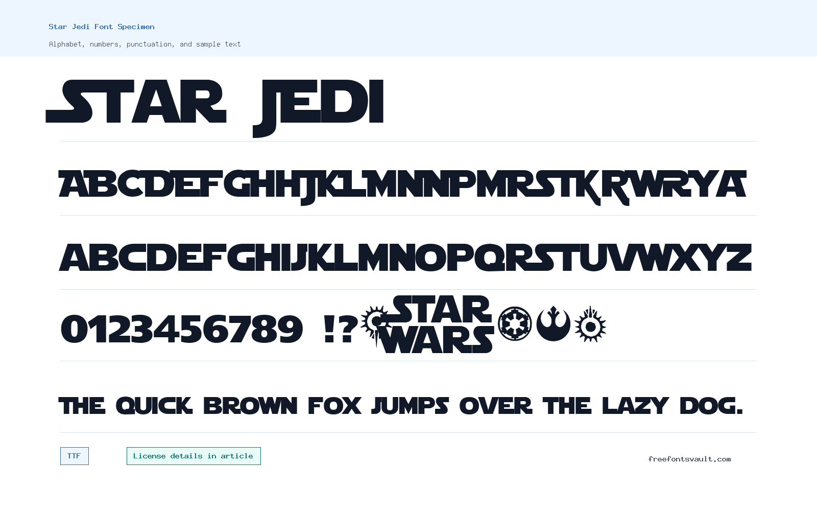 Star Jedi font specimen showing alphabet, numbers, and sample text