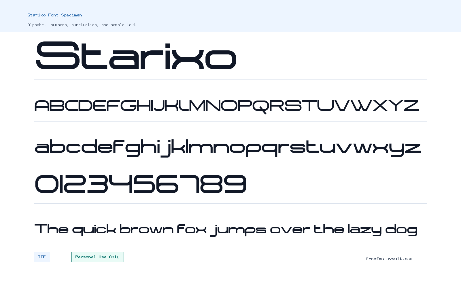 Starixo font specimen showing alphabet, numbers, and sample text