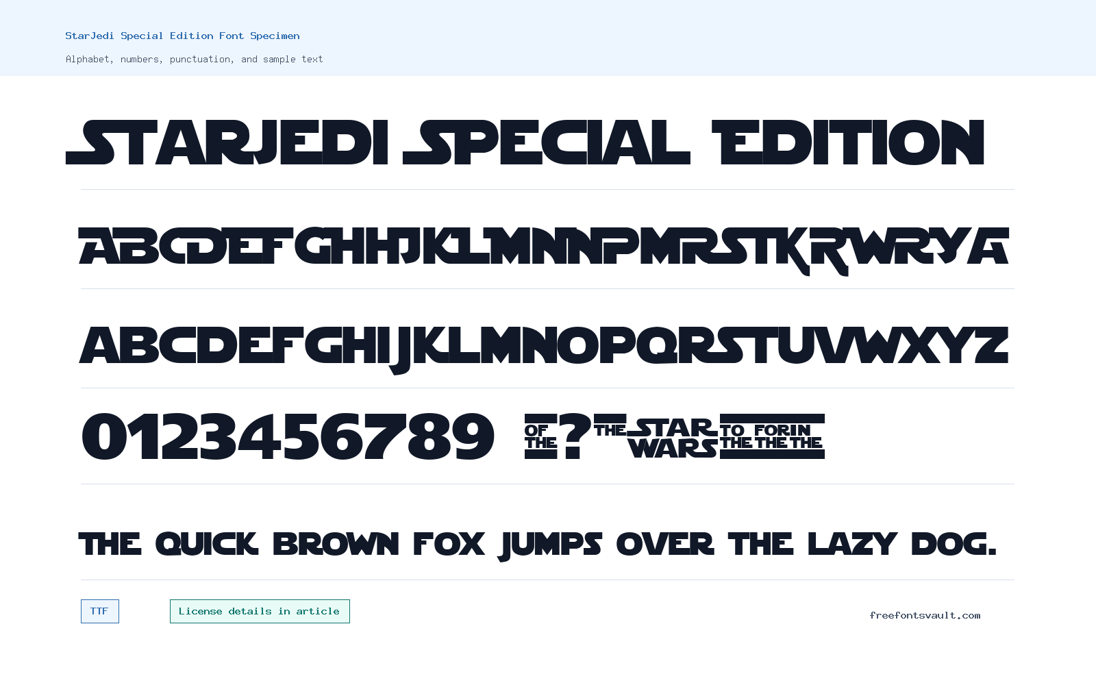 StarJedi Special Edition font specimen showing alphabet, numbers, and sample text