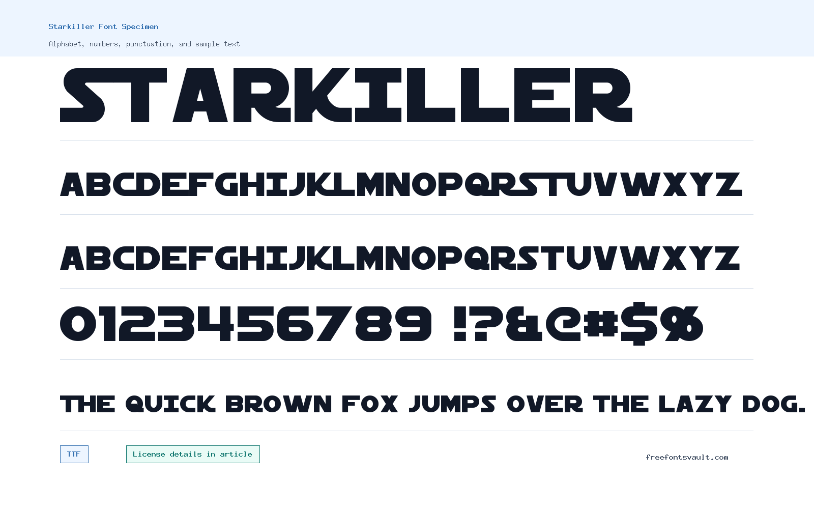 Starkiller font specimen showing alphabet, numbers, and sample text