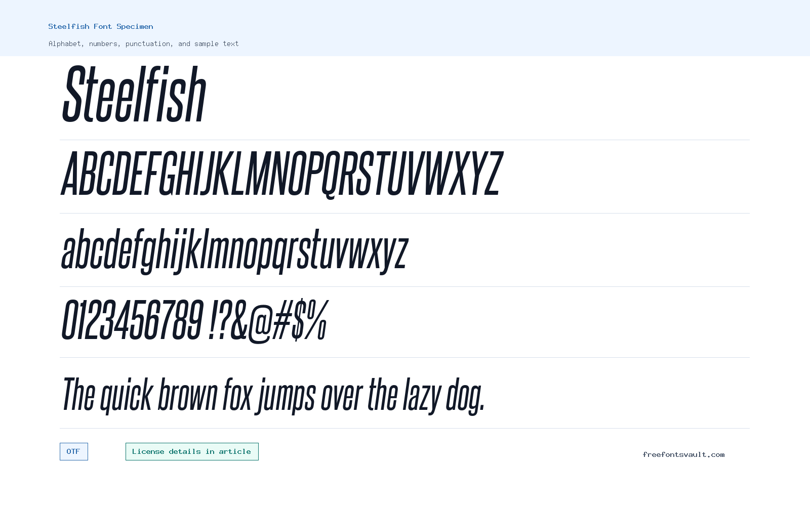 Steelfish font specimen showing alphabet, numbers, and sample text