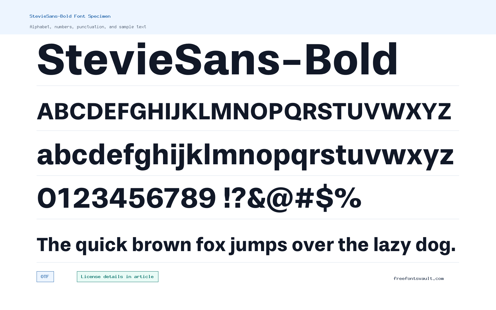 StevieSans-Bold font specimen showing alphabet, numbers, and sample text