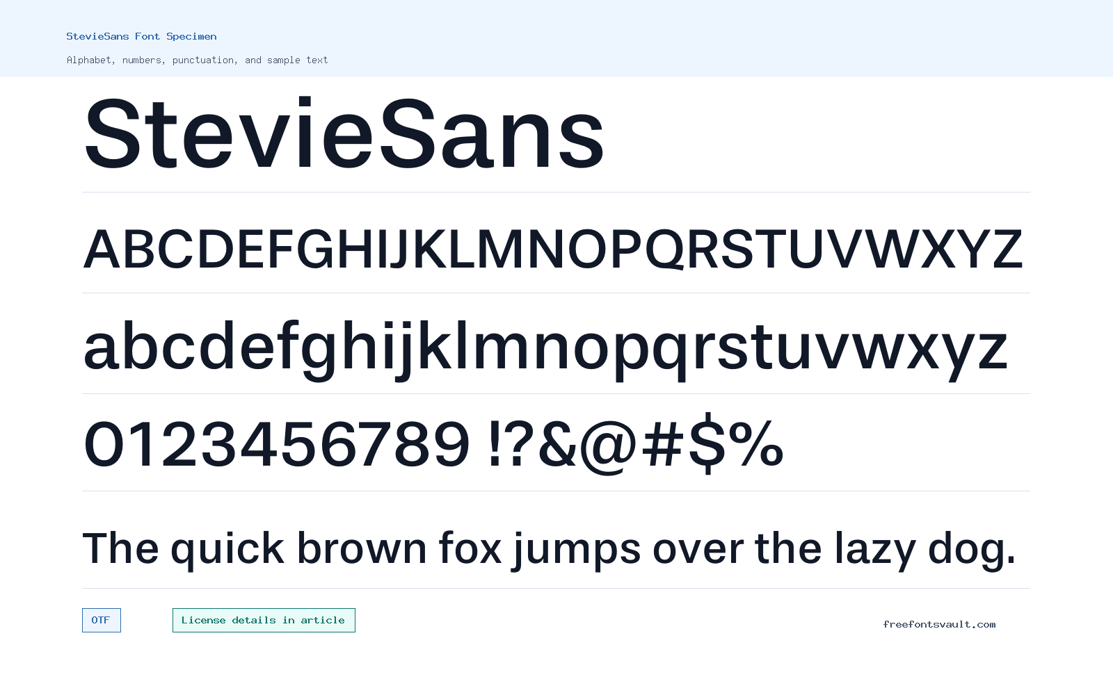 StevieSans font specimen showing alphabet, numbers, and sample text