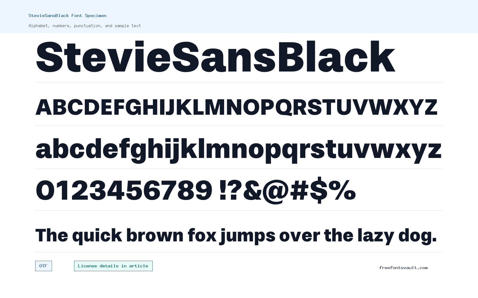 StevieSansBlack font specimen showing alphabet, numbers, and sample text