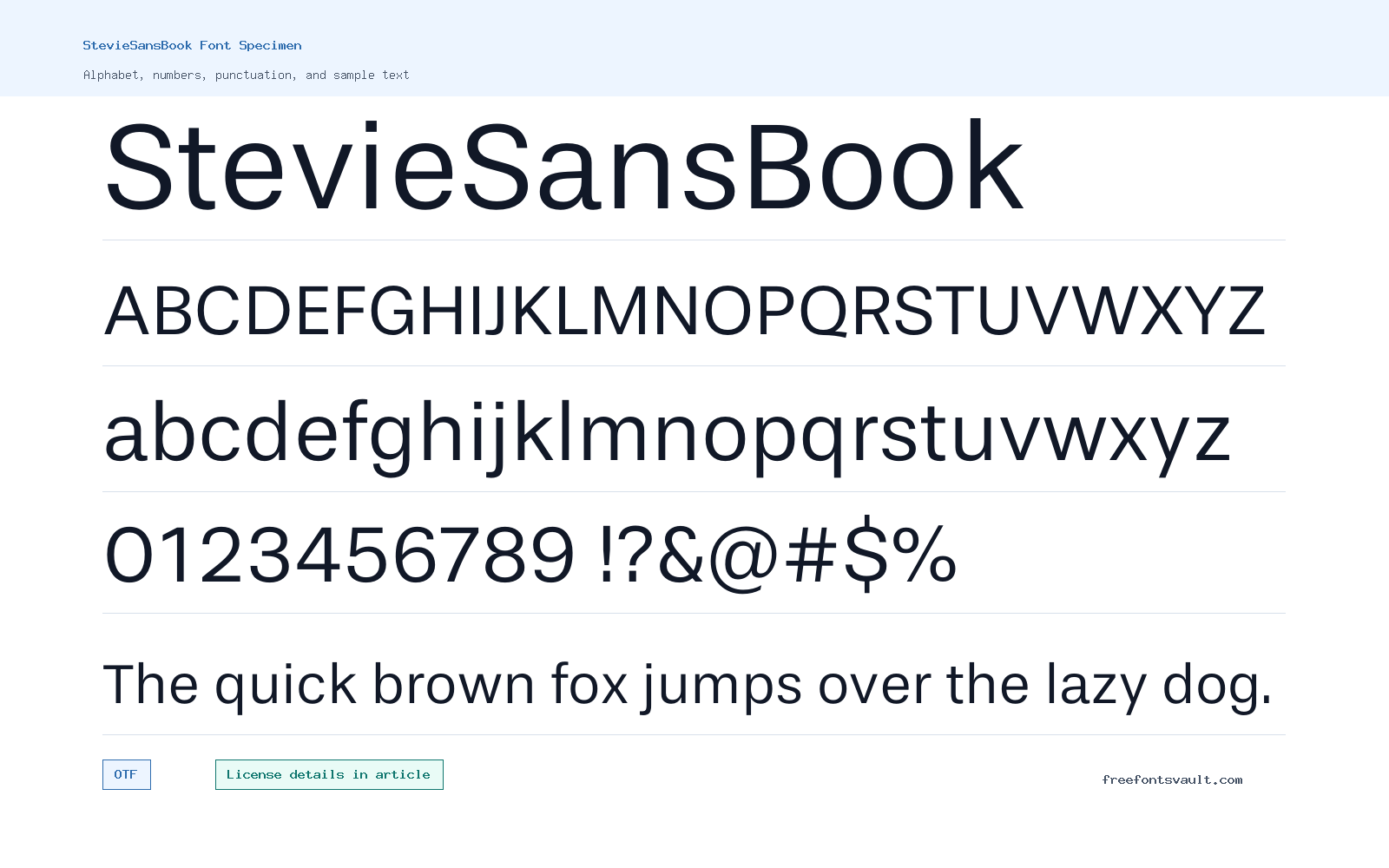 StevieSansBook font specimen showing alphabet, numbers, and sample text