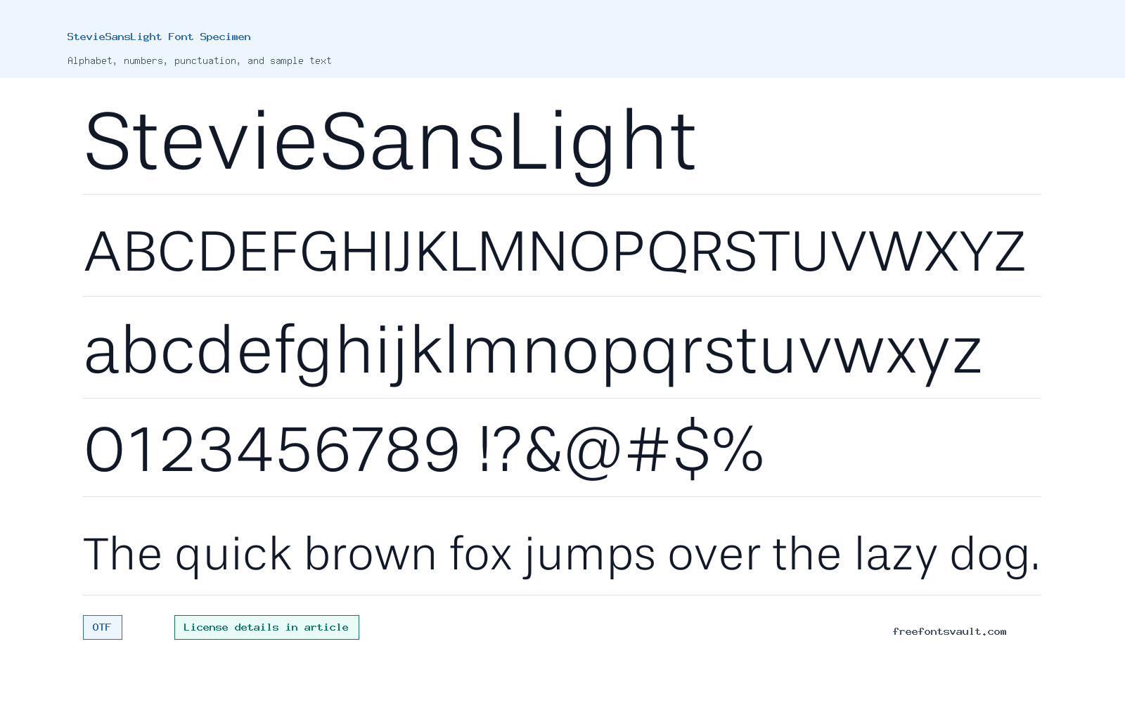 StevieSansLight font specimen showing alphabet, numbers, and sample text