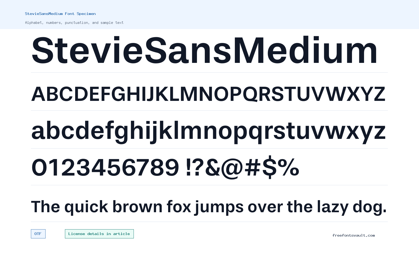 StevieSansMedium font specimen showing alphabet, numbers, and sample text