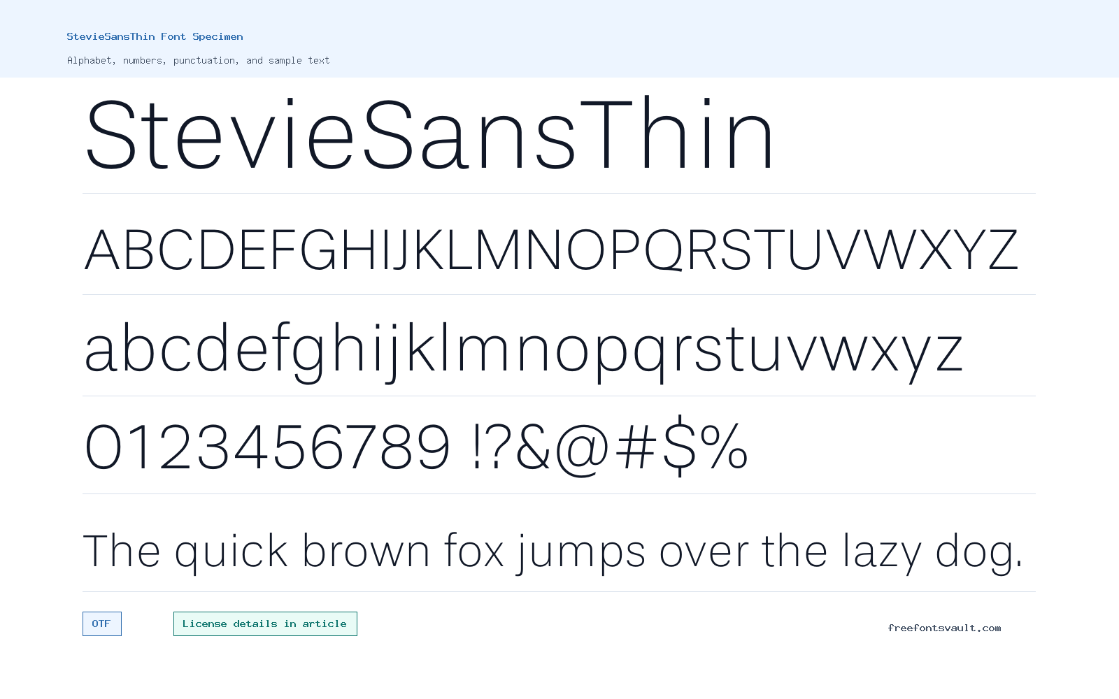 StevieSansThin font specimen showing alphabet, numbers, and sample text