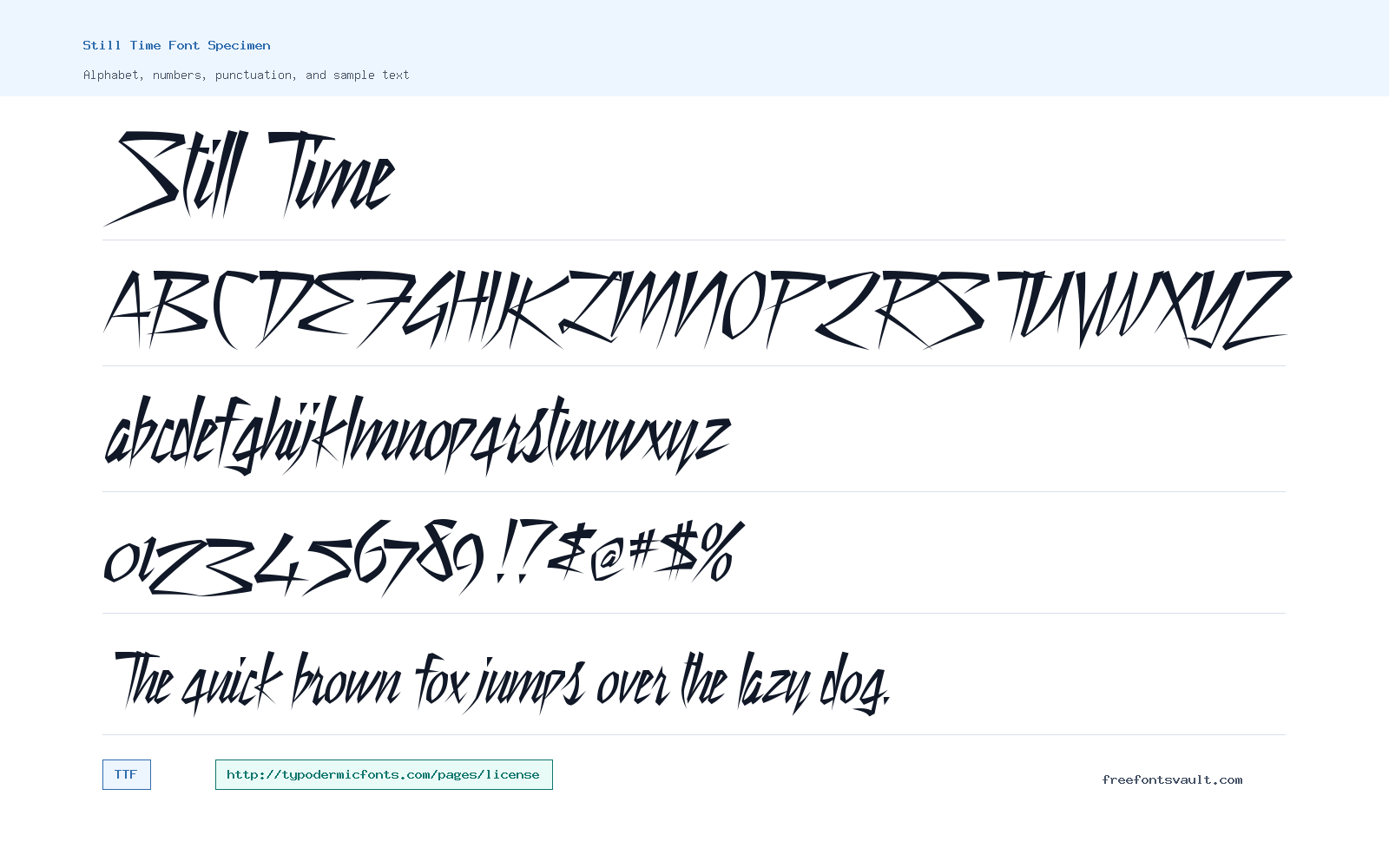 Still Time font specimen showing alphabet, numbers, and sample text