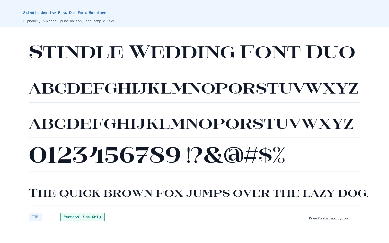 Stindle Wedding Font Duo font specimen showing alphabet, numbers, and sample text
