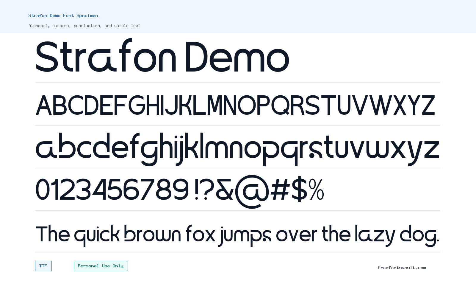 Strafon Demo font specimen showing alphabet, numbers, and sample text