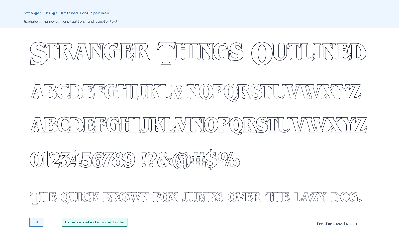 Stranger Things Outlined font specimen showing alphabet, numbers, and sample text