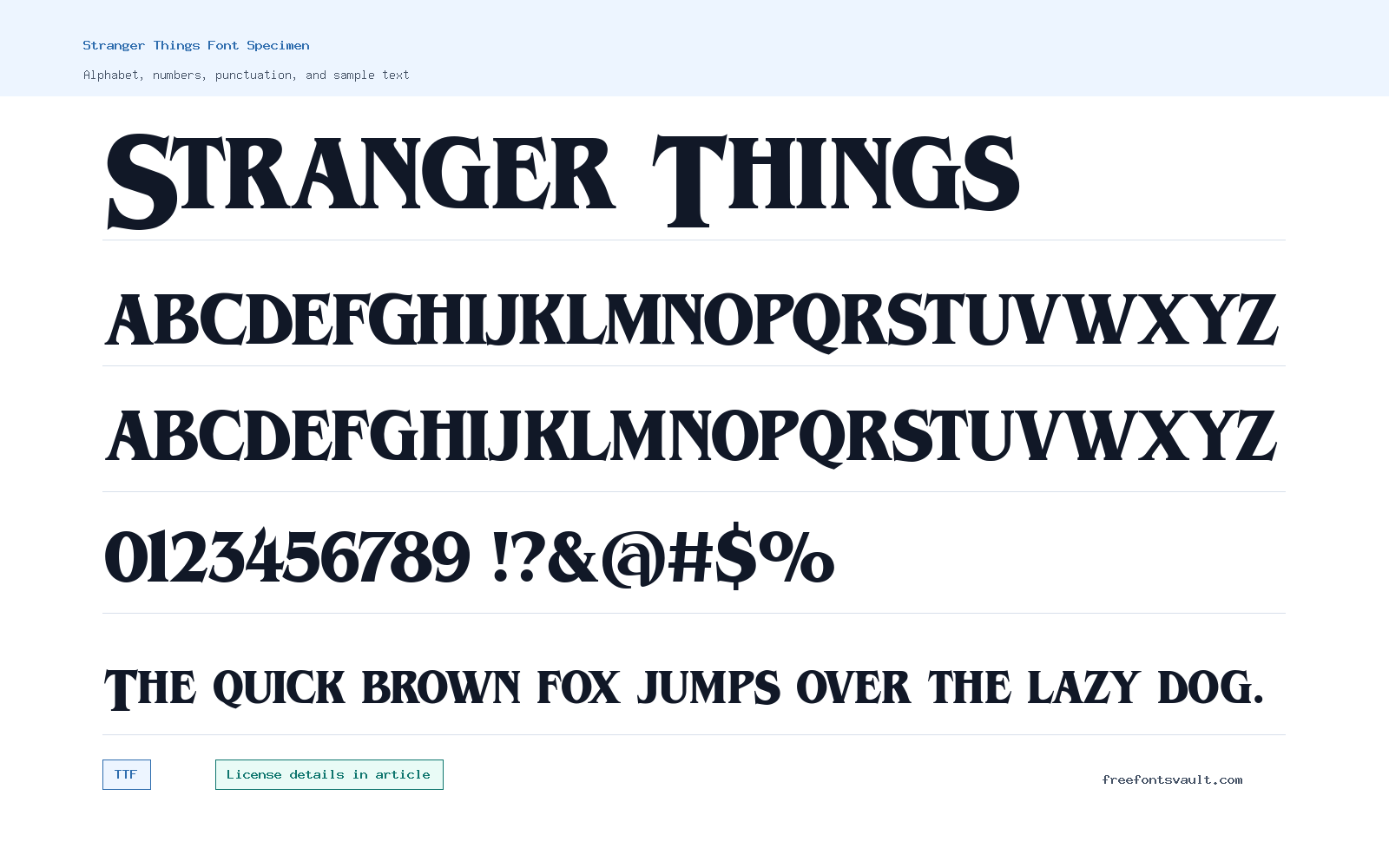 Stranger Things font specimen showing alphabet, numbers, and sample text