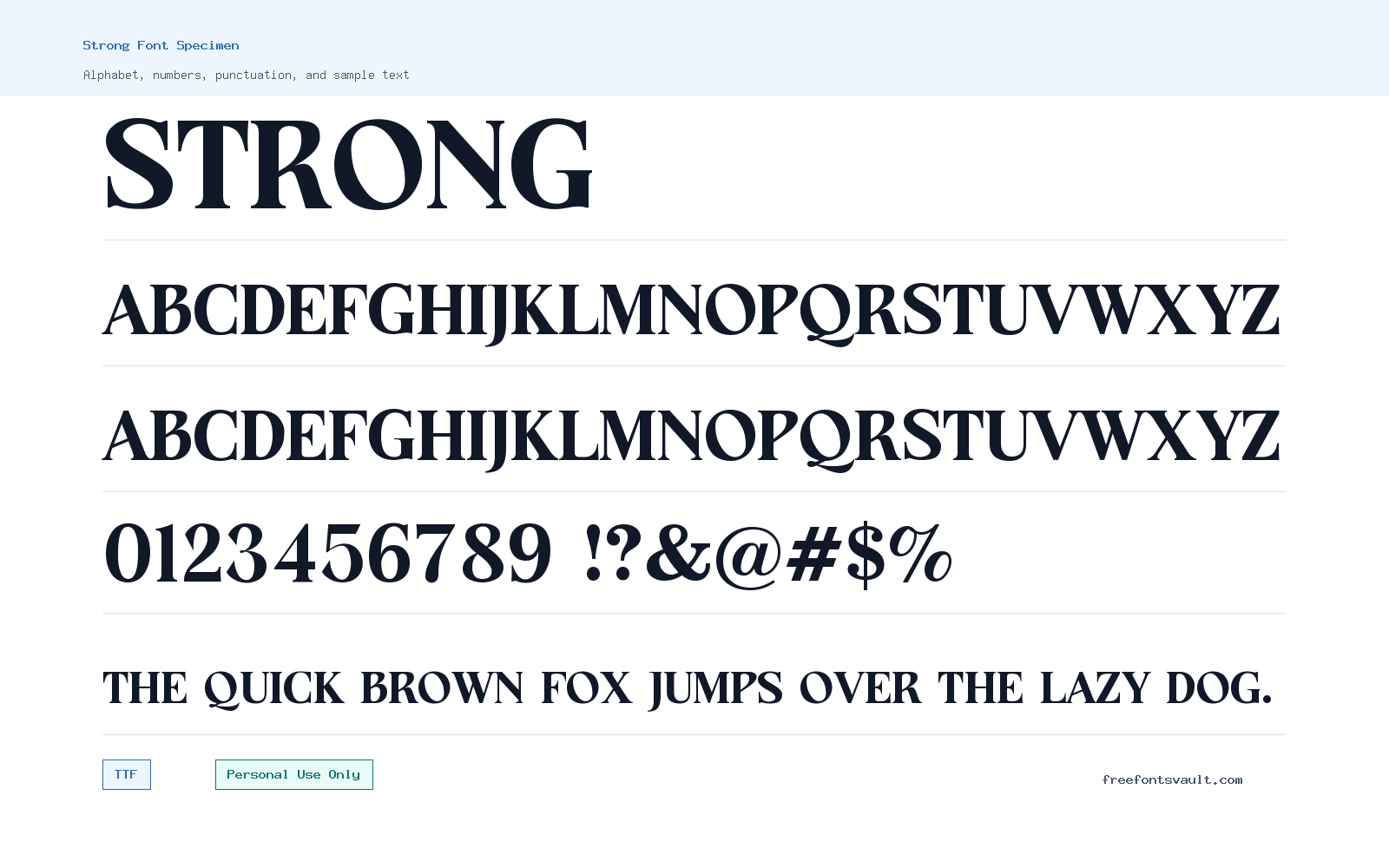 Strong font specimen showing alphabet, numbers, and sample text