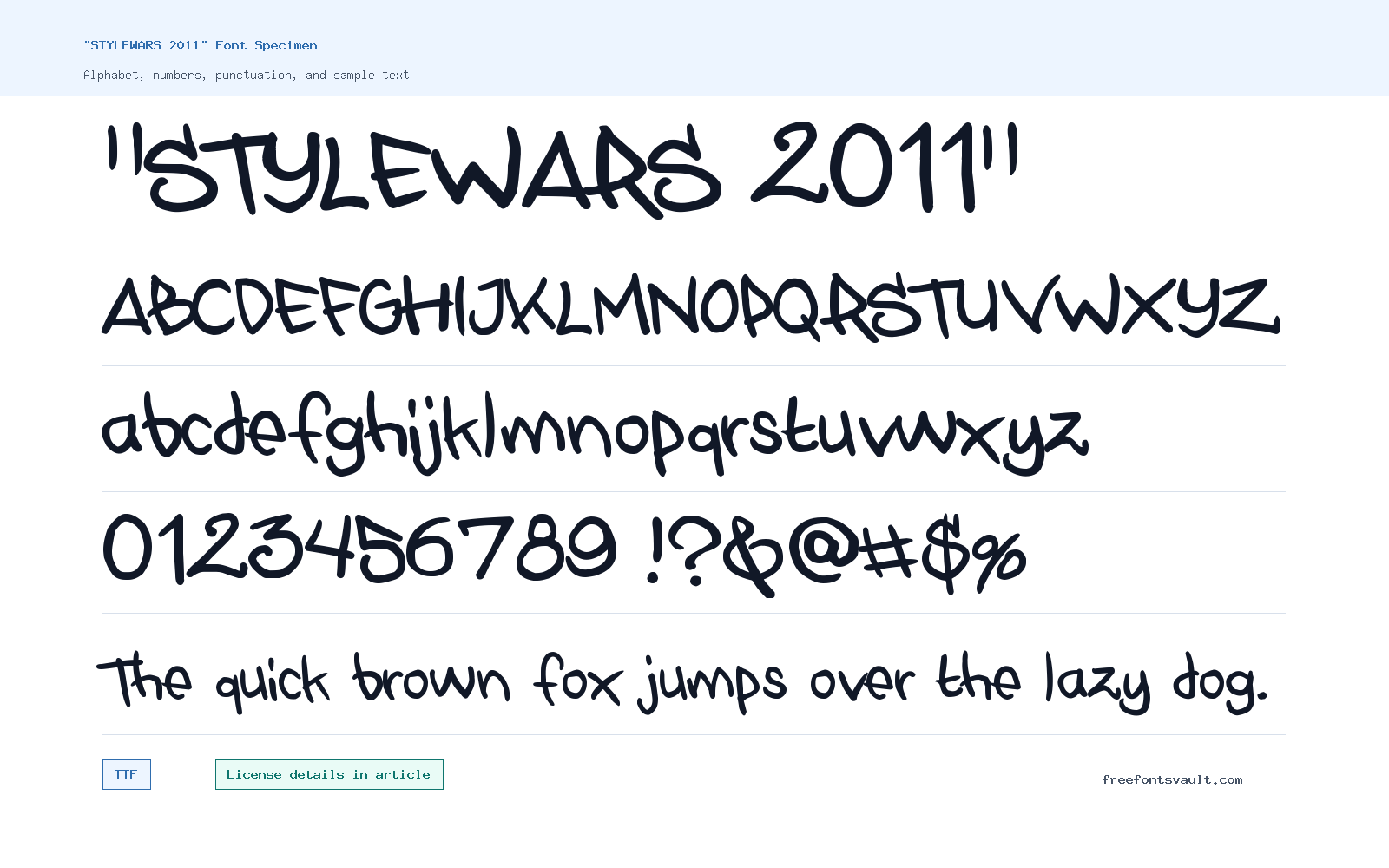 "STYLEWARS 2011" font specimen showing alphabet, numbers, and sample text