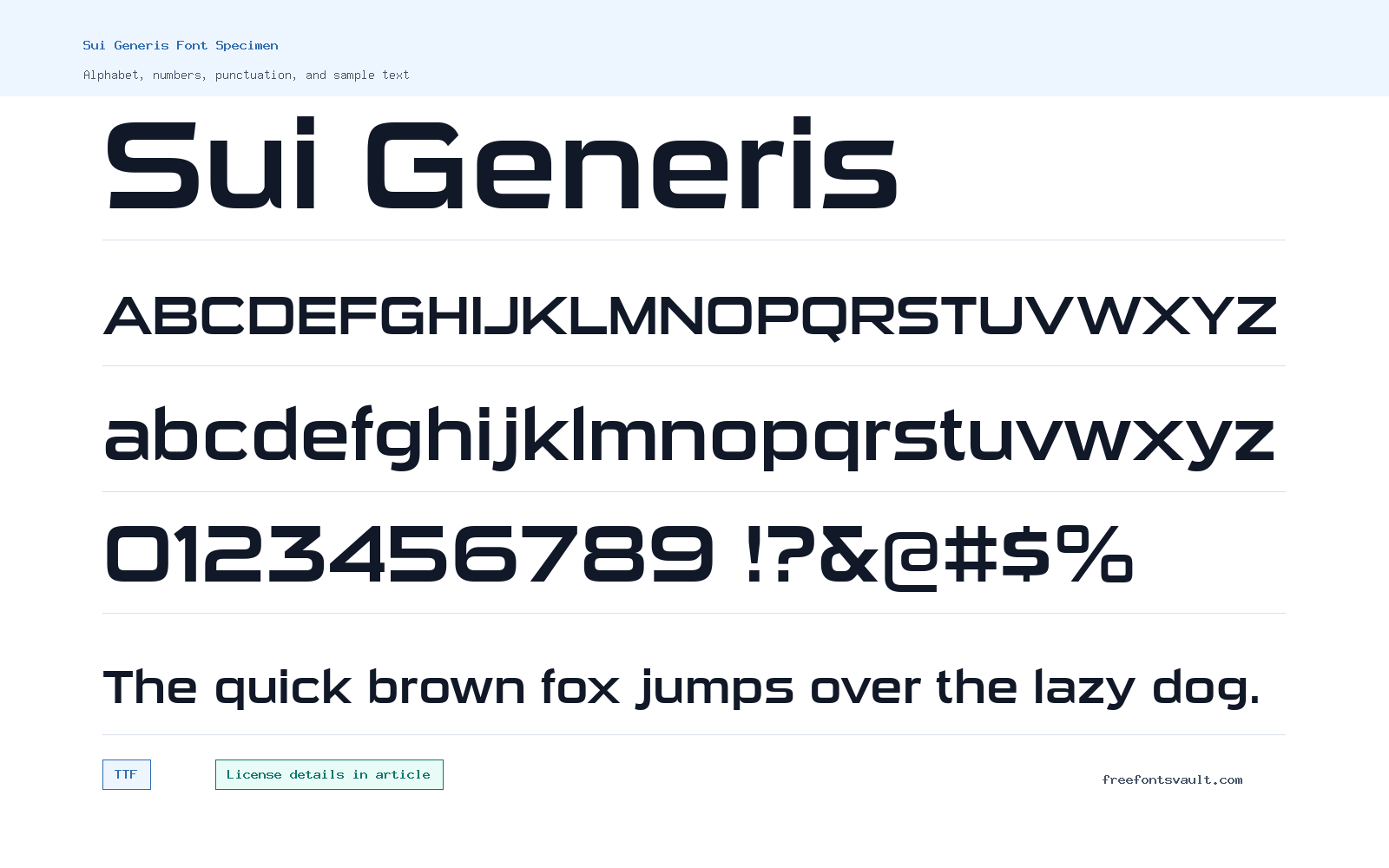 Sui Generis font specimen showing alphabet, numbers, and sample text