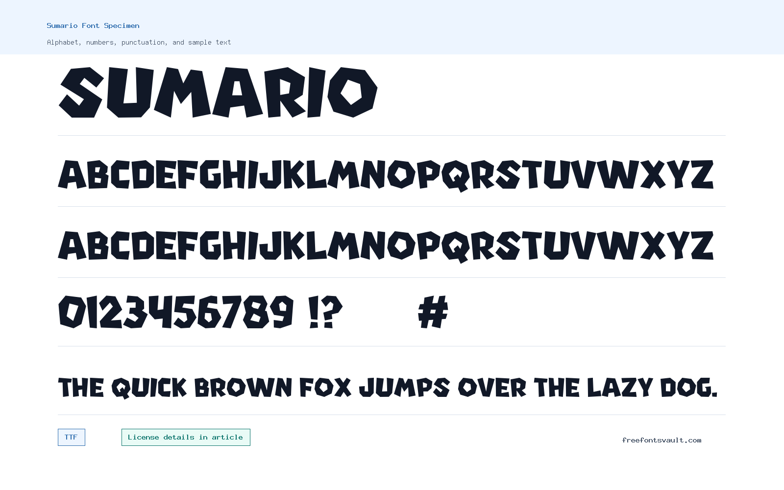 Sumario font specimen showing alphabet, numbers, and sample text
