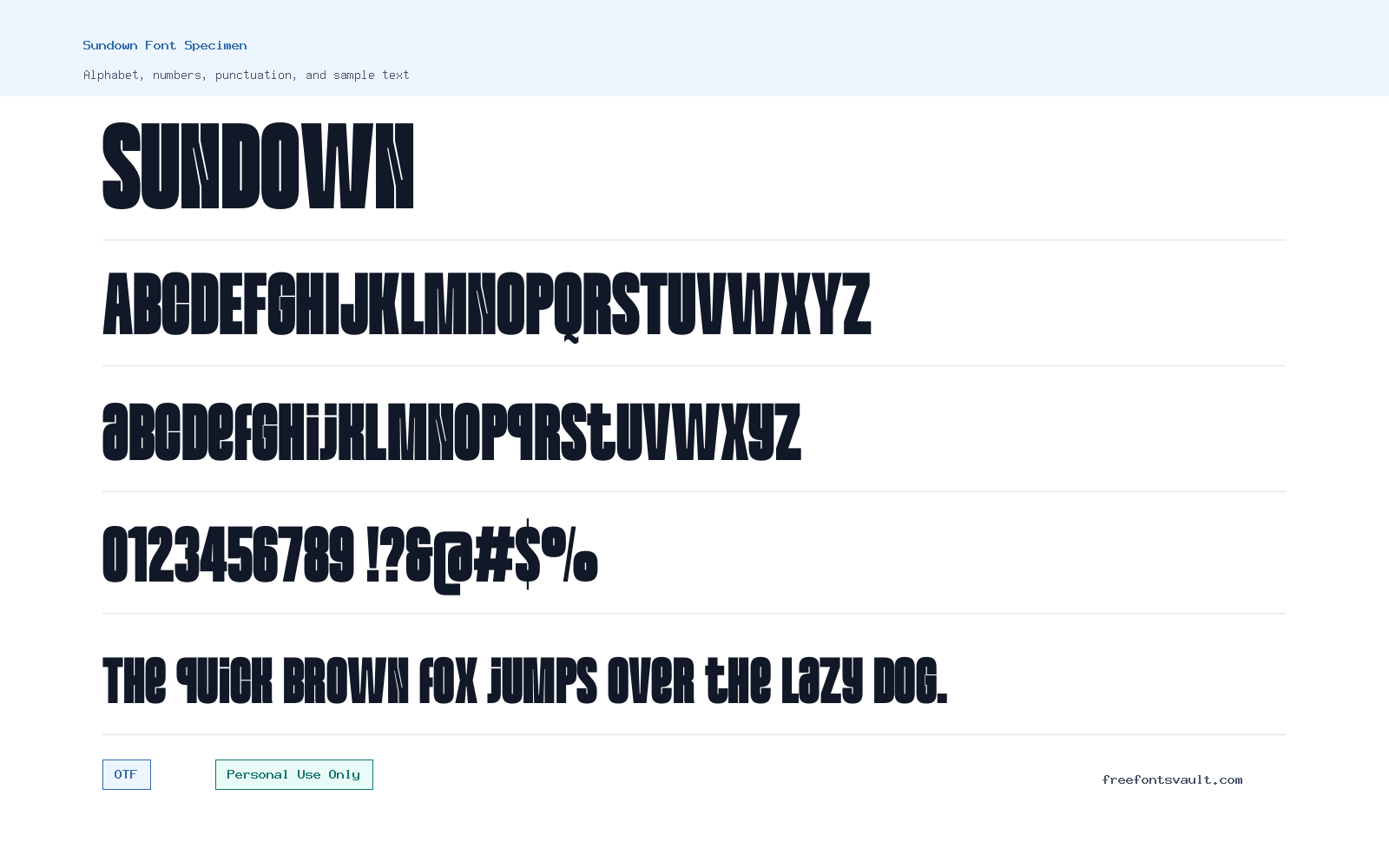 Sundown font specimen showing alphabet, numbers, and sample text
