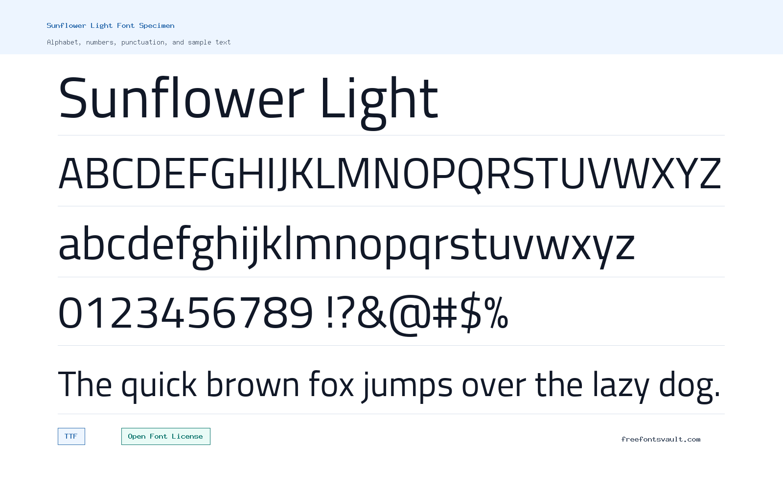 Sunflower Light font specimen showing alphabet, numbers, and sample text
