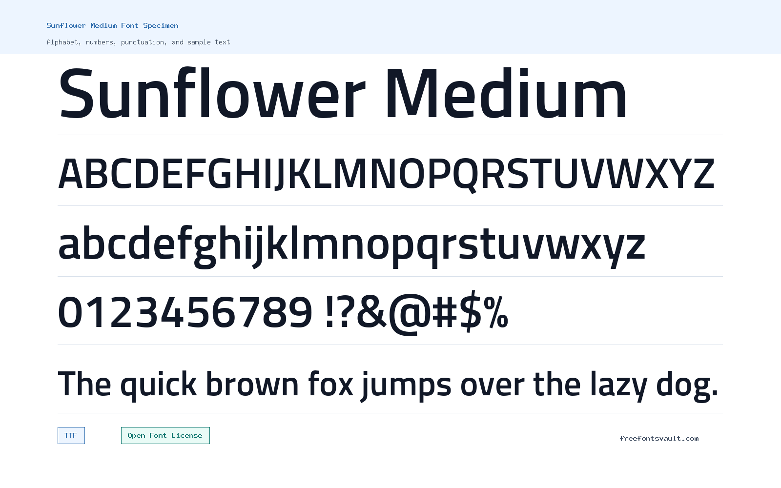 Sunflower Medium font specimen showing alphabet, numbers, and sample text