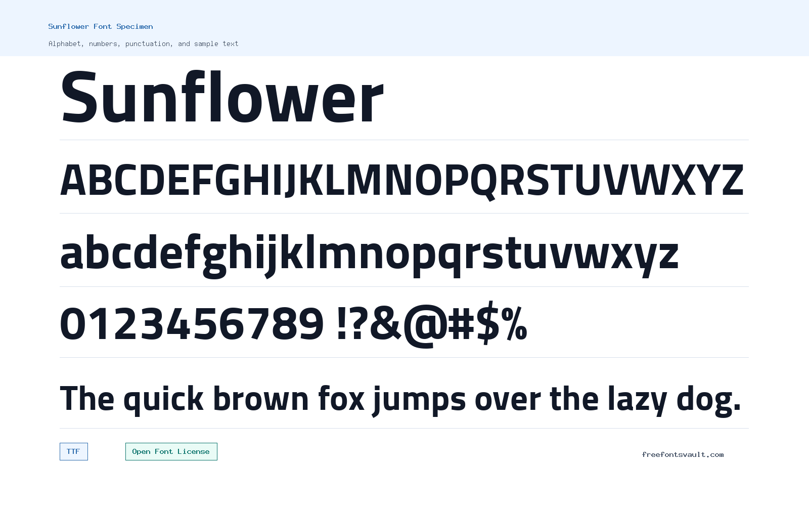 Sunflower font specimen showing alphabet, numbers, and sample text
