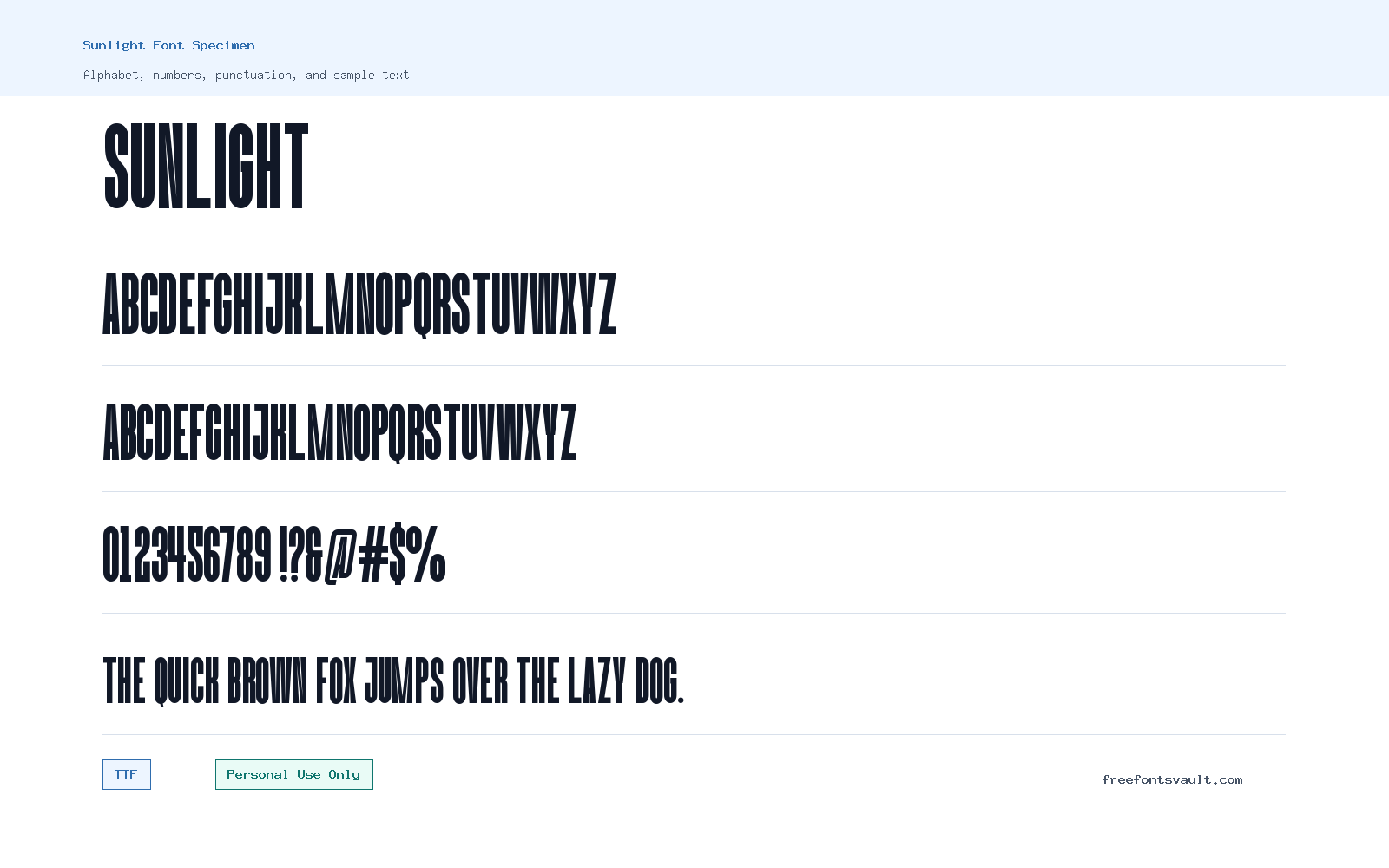 Sunlight font specimen showing alphabet, numbers, and sample text