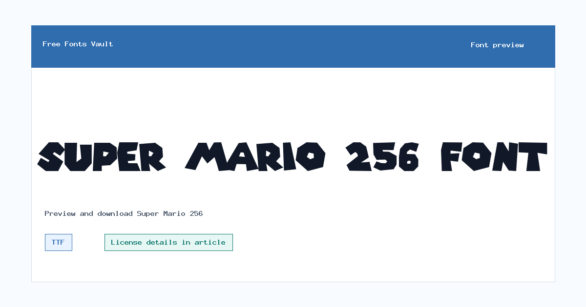 Super Mario 256 font preview showing the family name